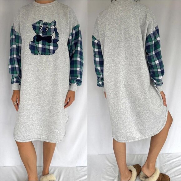90s vintage plaid flannel cute kitten cat long sleeved pajama fleece sleep dress - Picture 1 of 10